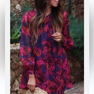 Pink and Blue Casual Sundress with Bishop Sleeves